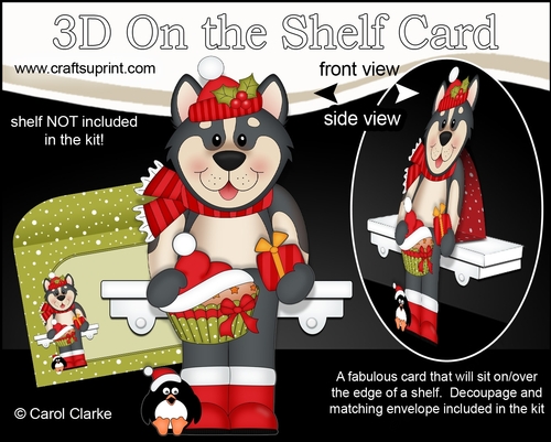 3D Christmas On the Shelf Card Kit - Cute Christmas Husky Dog Chase has a Festive Cupcake