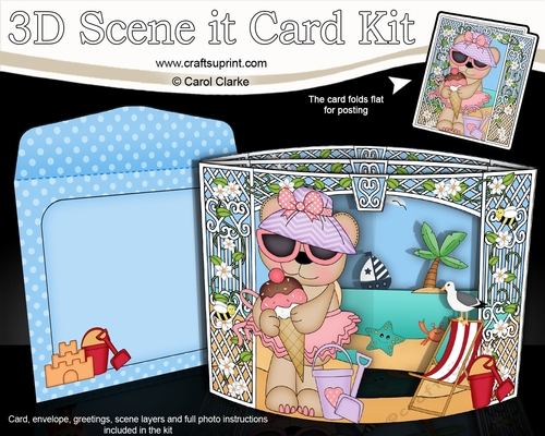3D Triangle Shadow Box Scene it Card Kit - Livvy Bear has an Ice Cream at the Beach