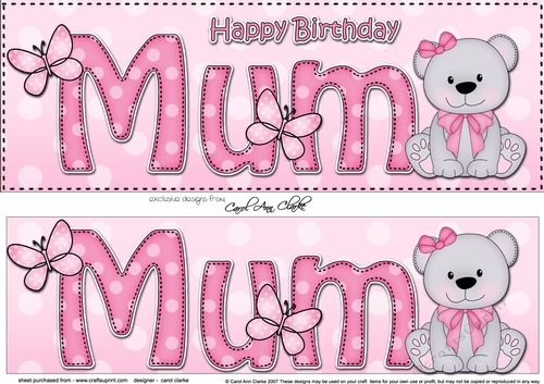 Large DL Happy Birthday MUM 3D decoupage with Livvy Bear