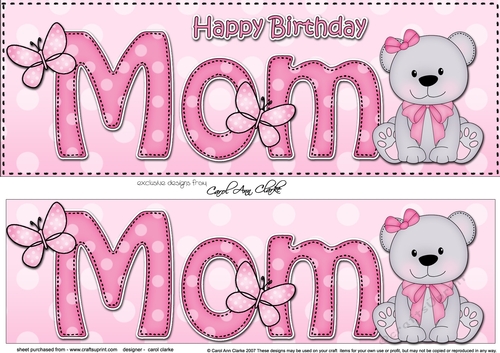 Large DL Happy Birthday MOM 3D decoupage with Livvy Bear