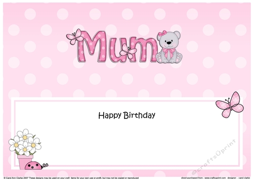 Large DL Happy Birthday MUM insert with Livvy Bear