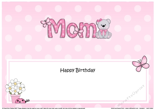 Large DL Happy Birthday MOM insert with Livvy Bear