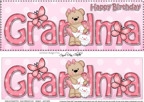 Large DL Happy Birthday GRANDMA 3D decoupage with Livvy Bear