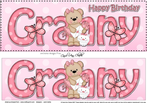 Large DL Happy Birthday GRANNY 3D decoupage with Livvy Bear