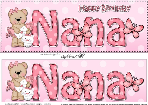 Large DL Happy Birthday NANA 3D decoupage with Livvy Bear