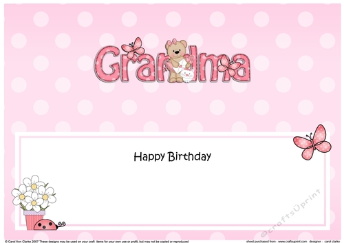 Large DL Happy Birthday GRANDMA insert with Livvy Bear