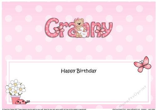 Large DL Happy Birthday GRANNY insert with Livvy Bear
