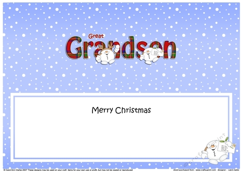 Large DL Merry Christmas GREAT GRANDSON insert with Snowball Sam