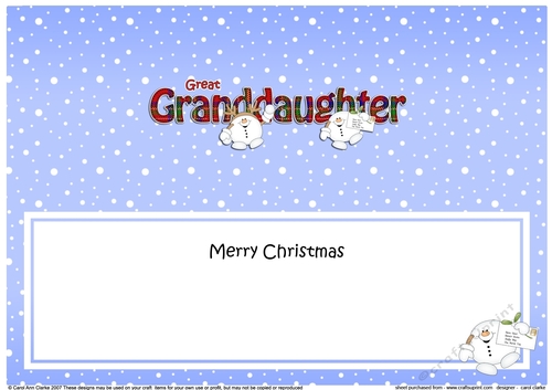 Large DL Merry Christmas GREAT GRANDDAUGHTER insert with Snowball Sam