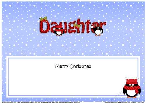Large DL Merry Christmas DAUGHTER insert with Penguins