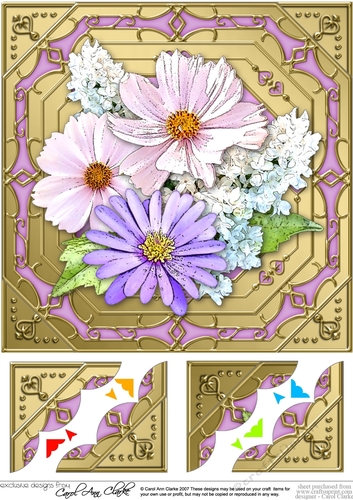 8 x 8  Pretty Flowers on Gold Frame Scalloped Corner Topper