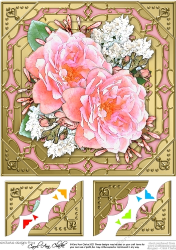 8 x 8  Pretty Flowers on Gold Frame Scalloped Corner Topper