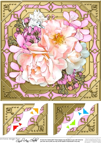 8 x 8  Pretty Flowers on Gold Frame Scalloped Corner Topper