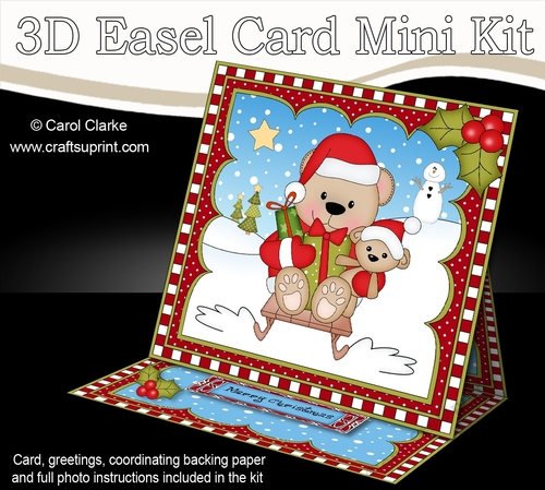 3D Easel Card Mini Kit - Christmas Livvy Bear is Sledging