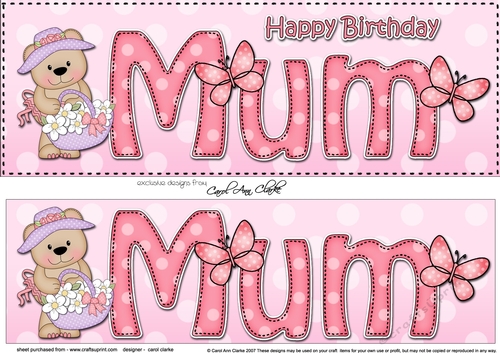 Large DL Happy Birthday MUM 3D decoupage with Livvy Bear