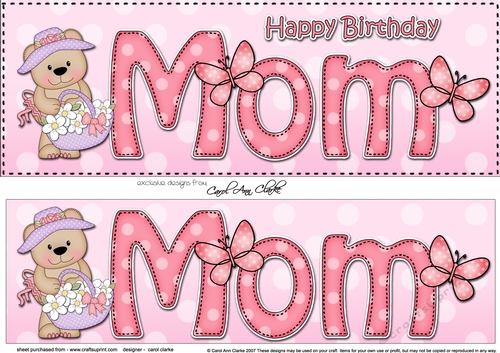Large DL Happy Birthday MOM 3D decoupage with Livvy Bear