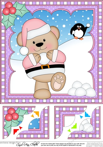Christmas 8 x 8 Scalloped Corner Topper - Livvy Bear is Snowballing