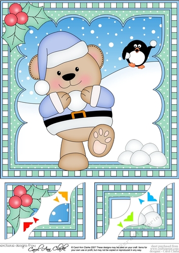 Christmas 8 x 8 Scalloped Corner Topper - Livvy Bear is Snowballing