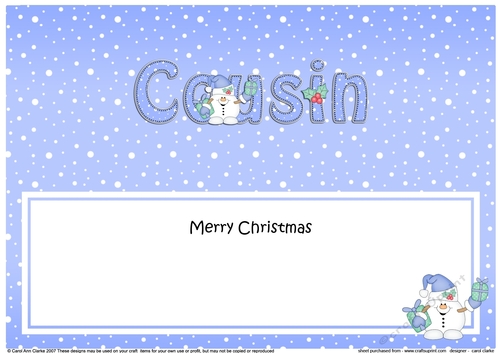 Large DL Merry Christmas COUSIN insert with Snowball Sam