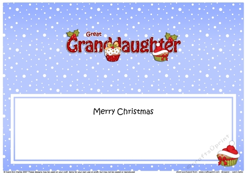Large DL Merry Christmas GREAT GRANDDAUGHTER insert with Cupcakes