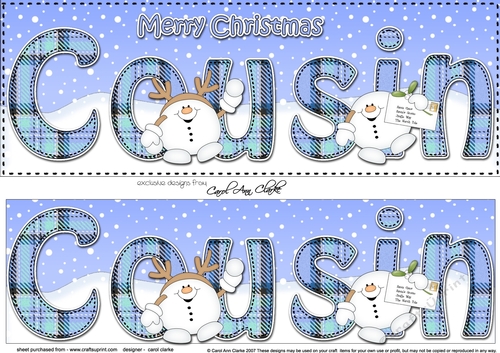 Large DL Merry Christmas COUSIN 3D decoupage with Tartan Snowball Sam