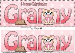 Large DL Happy Birthday GRANNY 3D decoupage with Cute Little Cat
