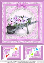 8 x 8 Flower Filled Wheelbarrow Scalloped Corner Topper