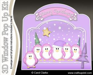 3D Pastel Penguins Single Window Pop Up Card N Envelope