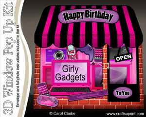 3D Girly Gadgets Shop Window Pop Up Card Decoupage N Envelop