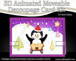 3D Sledging Penguin Animated Moveable Decoupage Card Kit