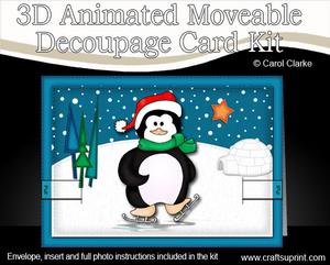 3D Xmas Skating Penguin Animated Moveable Decoupage Card Kit