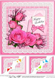 8 x 8 Birthday Roses Lace N Pearls Scalloped Corner Topper