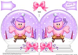 Xmas Sledging Little Birdie Snow Globe Shaped Card