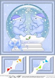 8 x 8 Xmas Elephants Snowglobe Scalloped Corner Topper