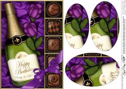 A5 Birthday Champers Chocs N Roses Oval Pyramage Topper
