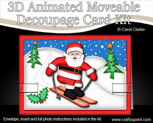 3D Xmas Skiing Santa Animated Moveable Decoupage Card Kit