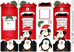 Xmas Penguins Postbox Shaped Card N 3D Decoupage