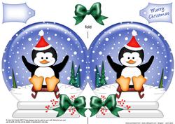 Xmas Sledging Penguin Snow Globe Shaped Card
