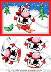 A5 Xmas Skiing Milly Moo Cow Oval Pyramage Topper