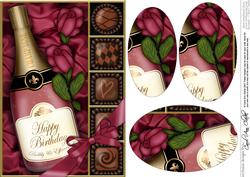 A5 Birthday Champers Chocs N Roses Oval Pyramage Topper