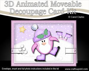 3D Xmas Skating Penguin Animated Moveable Decoupage Card Kit
