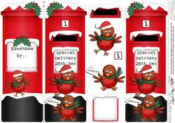 Xmas Robins Postbox Shaped Card N 3D Decoupage