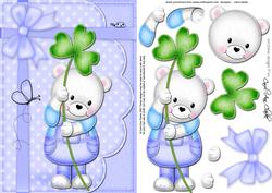 A5 Teddy Ed's Good Luck Clover Quick Card N 3D Decoupage