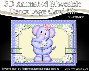 3D Lola Elephant Animated Moveable Decoupage Card Kit