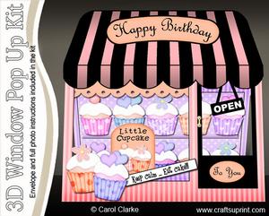 3D Cupcakes Shoppe Window Pop Up Card Decoupage N Envelope