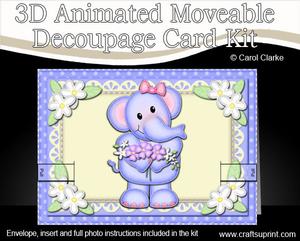 3D Lola Elephant's Flowers Animated Moveable Decoupage Card