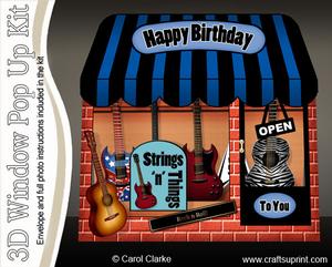 3D Little Guitar Shop Window Pop Up Card Decoupage N Envelop