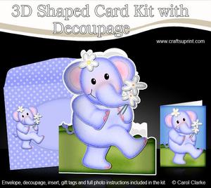 3D Lola Elephant's Flowers Shaped Card Decoupage N Envelope