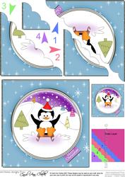 Cute Christmas Penguin goes Sledging Scallop Corner Topper