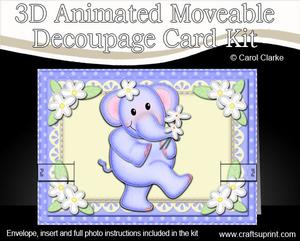 3D Lola Elephant's Flowers Animated Moveable Decoupage Card
